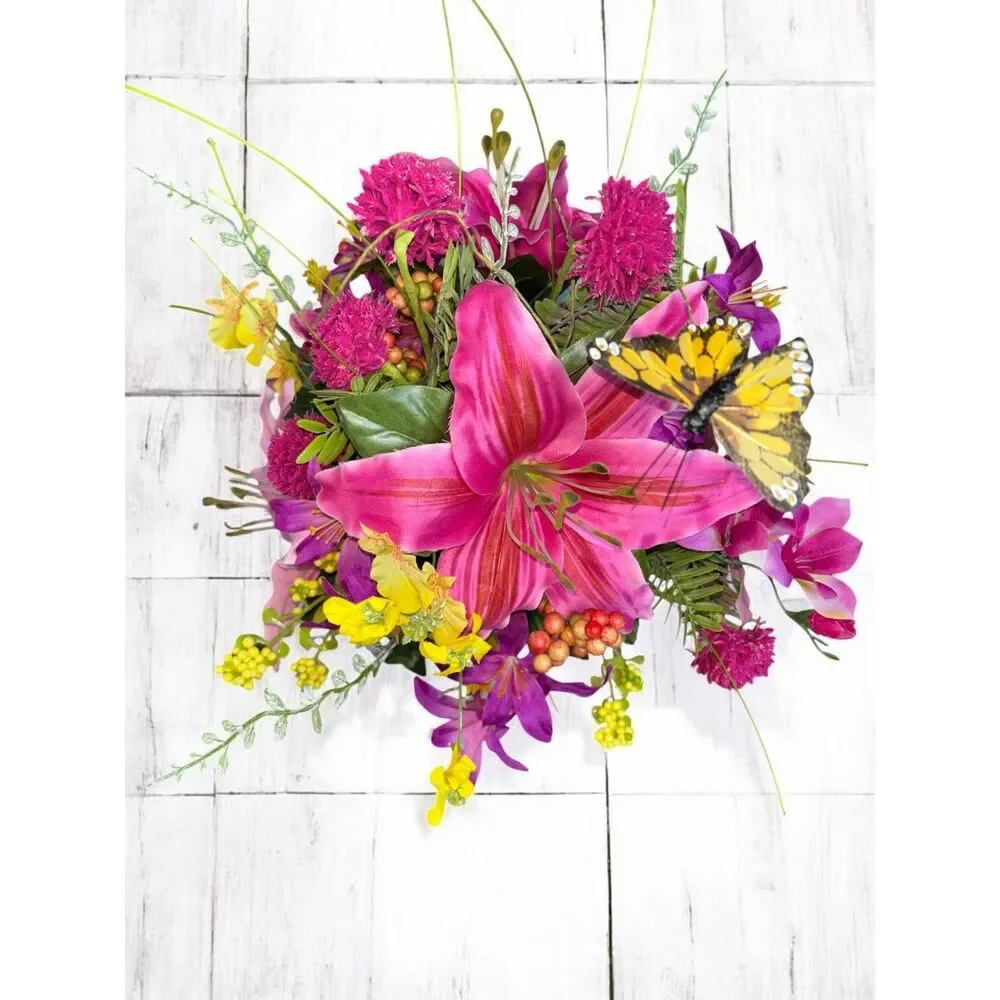 Spring & Summer Floral Arrangement in Ceramic Bucket – Silk Flower Centerpiece